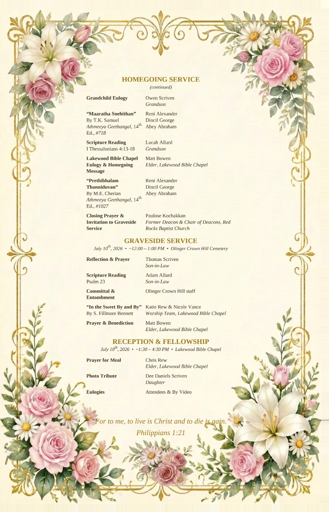 Program page 3 — Homegoing Service continued, Graveside Service, Reception and Fellowship