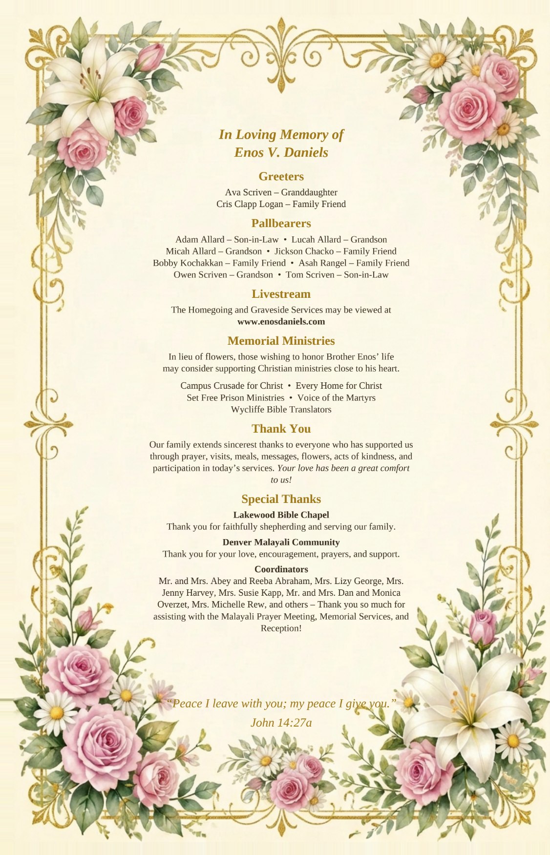 Program back page — greeters, pallbearers, memorial ministries, and thanks